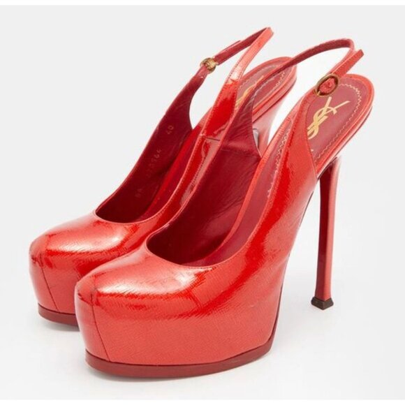 Yves Saint Laurent Red Patent Leather Tribtoo Platform Slingback Pumps Size 7.5 - Picture 1 of 7